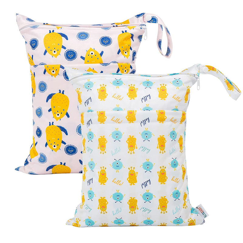 ALVABABY 2pcs Cloth Diaper Wet Dry Bags Waterproof Reusable with Two Zippered Pockets