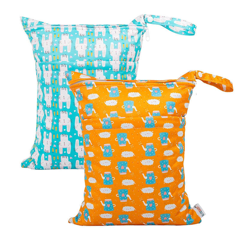 ALVABABY 2pcs Cloth Diaper Wet Dry Bags Waterproof Reusable with Two Zippered Pockets