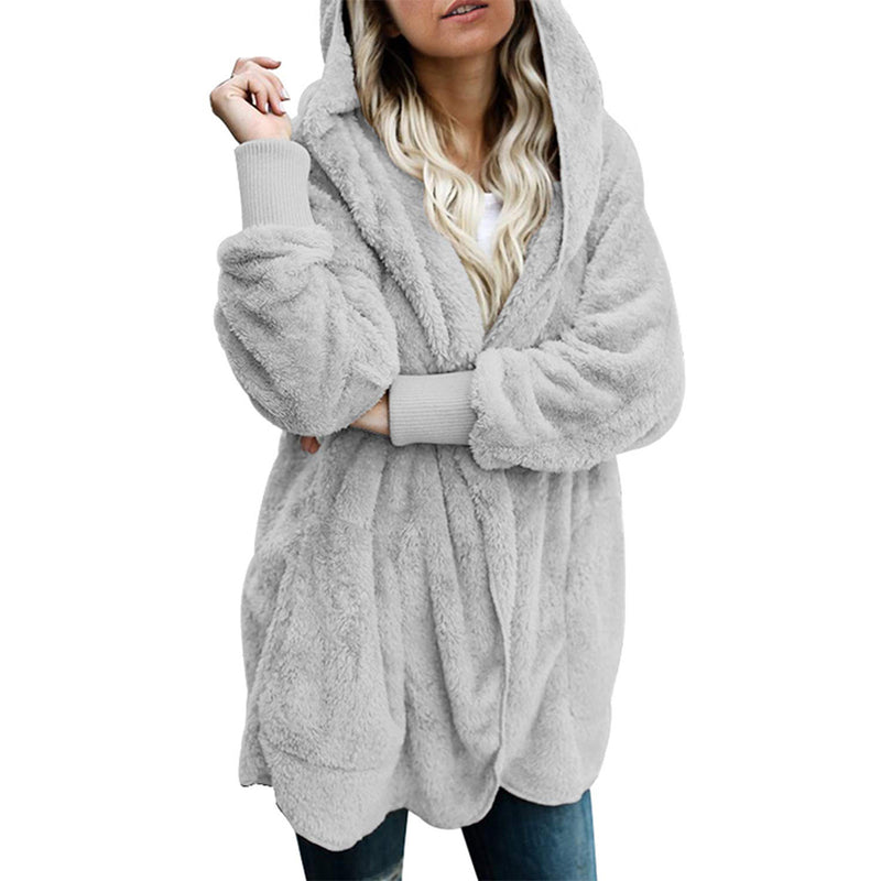 Dokotoo Solid Fuzzy Fleece Open Front Hooded Cardigans Jacket Coats Outwear with Pocket