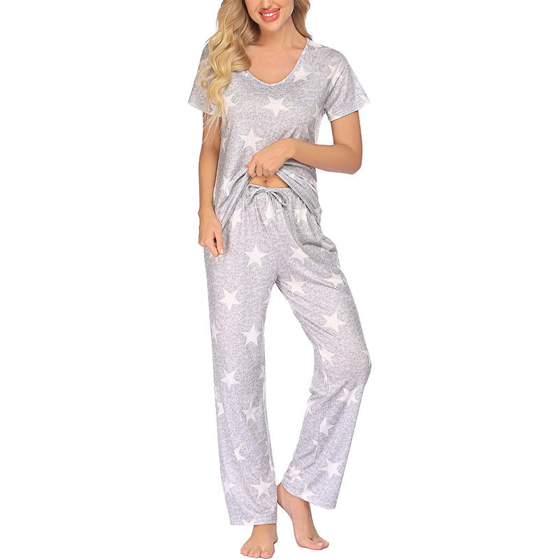 Ekouaer Women Pajama Sets V-Neck Short Sleeve Tops with Drawstring Pants Sleepwear Soft Pj Sets Nightwear