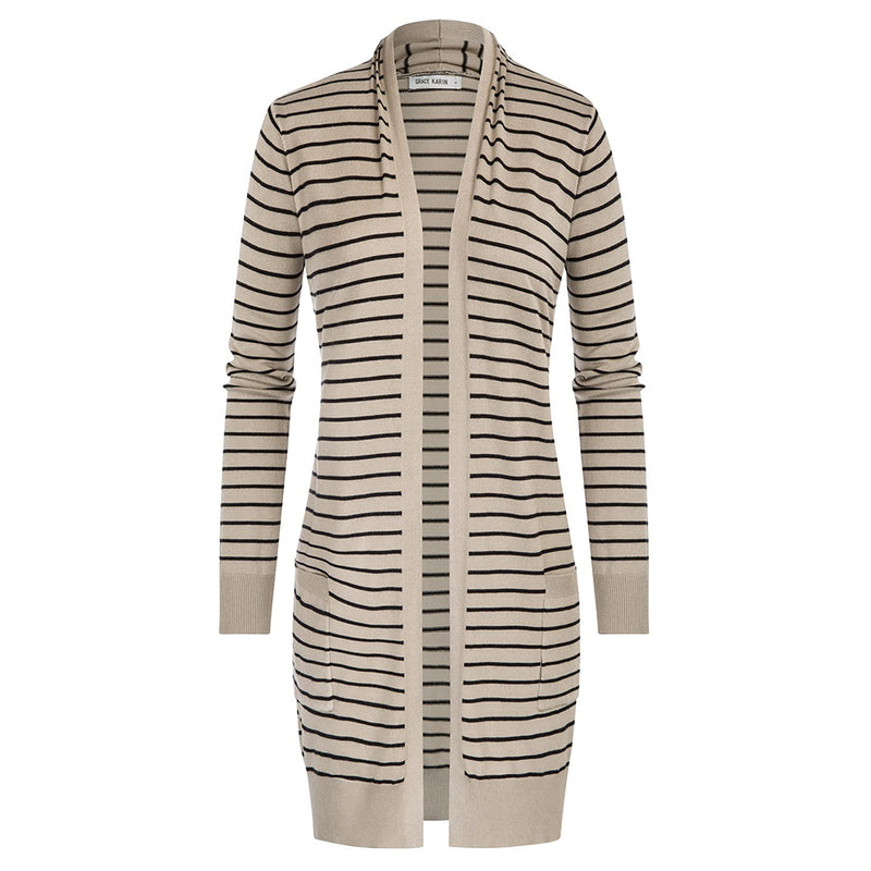 GRACE KARIN Women Striped Long Sleeve Open Cardigan Sweaters Coat with Pockets