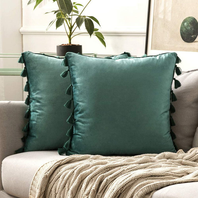 MIULEE Velvet Soft Solid Decorative Fall Throw Pillow Cover with Tassels Fringe Boho Accent Cushion Case