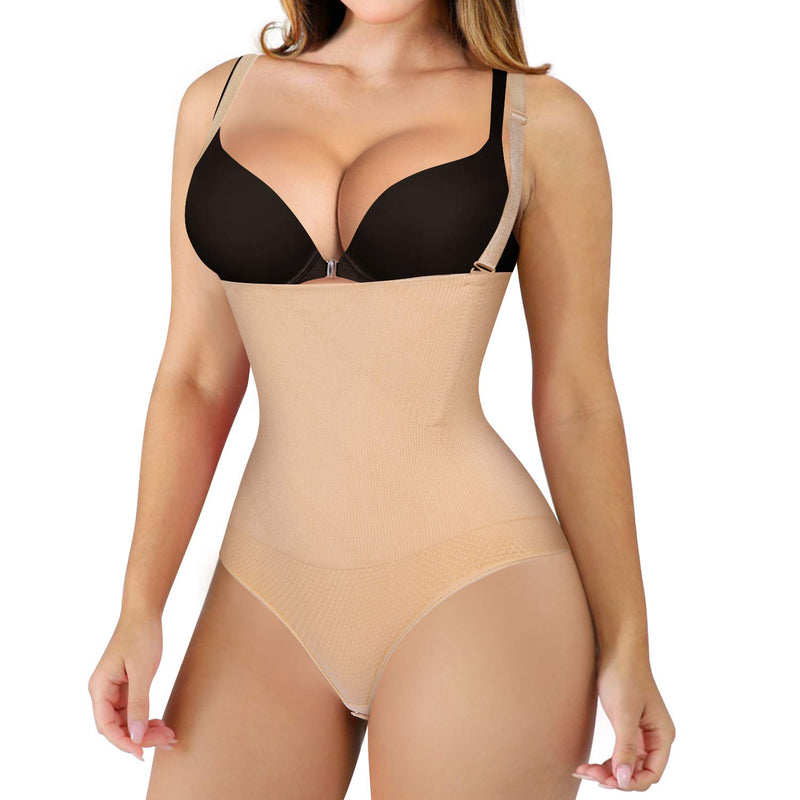 Nebility Waist Trainer Shapewear Thong Bodysuit Seamless Tummy Control Open Bust Body Shaper
