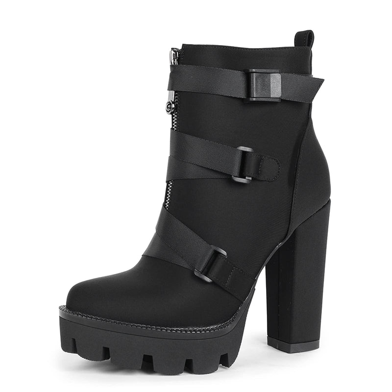 WETKISS Platform Boots,Heeled Combat Boots Chunky Heel Booties Round Toe Lace Up High Heel