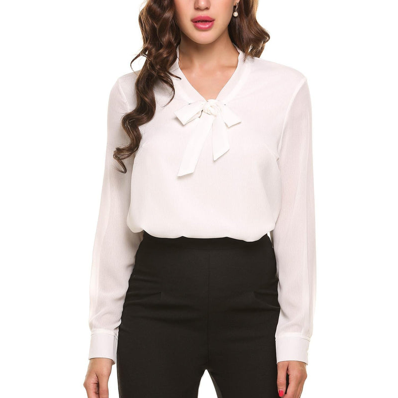 ACEVOG Bow Tie Neck Sleeve Casual Office Work Chiffon Blouse Shirts Tops