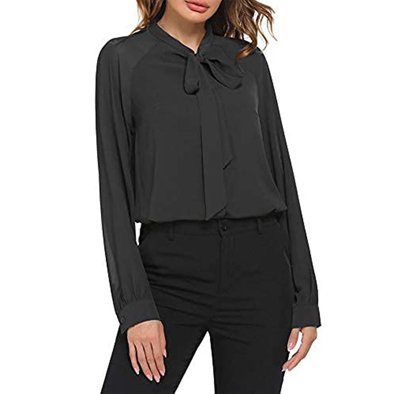 ACEVOG Women Bow Tie Neck Blouses Casual Tops Long Sleeve Button Shirts