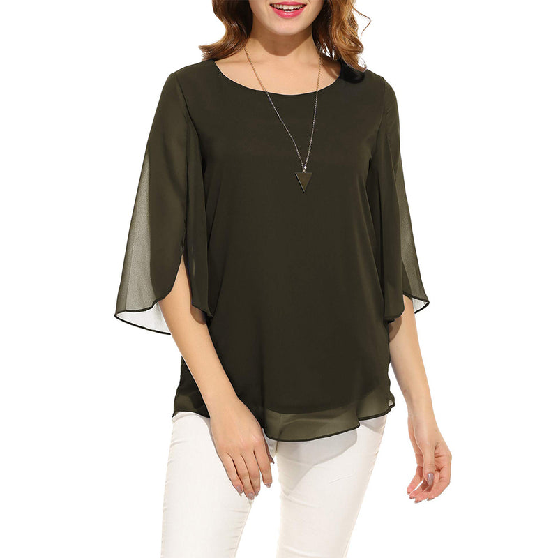 ACEVOG Womens Casual Scoop Neck Loose Top 3/4 Sleeve Chiffon Blouse Shirt Tops