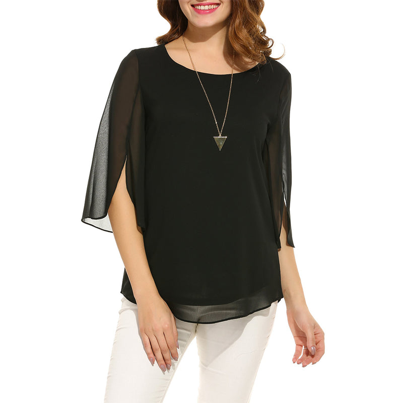 ACEVOG Womens Casual Scoop Neck Loose Top 3/4 Sleeve Chiffon Blouse Shirt Tops