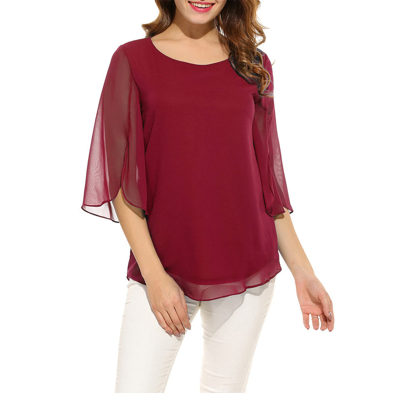 ACEVOG Womens Casual Scoop Neck Loose Top 3/4 Sleeve Chiffon Blouse Shirt Tops