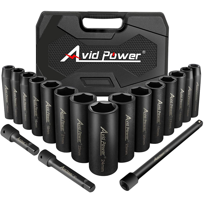 AVID POWER 18pcs 1/2-inch Drive Impact Socket Set, 10-24mm Metric Sizes Sockets and 3&