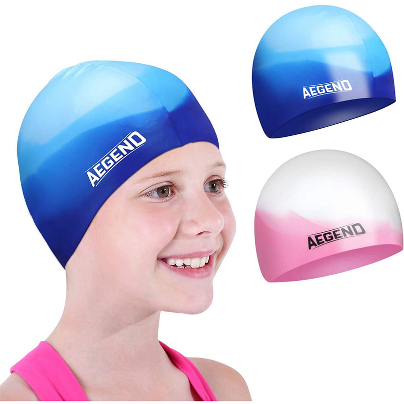 Aegend 2 Pack Swim Cap for (Age 2-12), Durable Silicone Swimming Cap for Kids Youths, Comfortable Fit