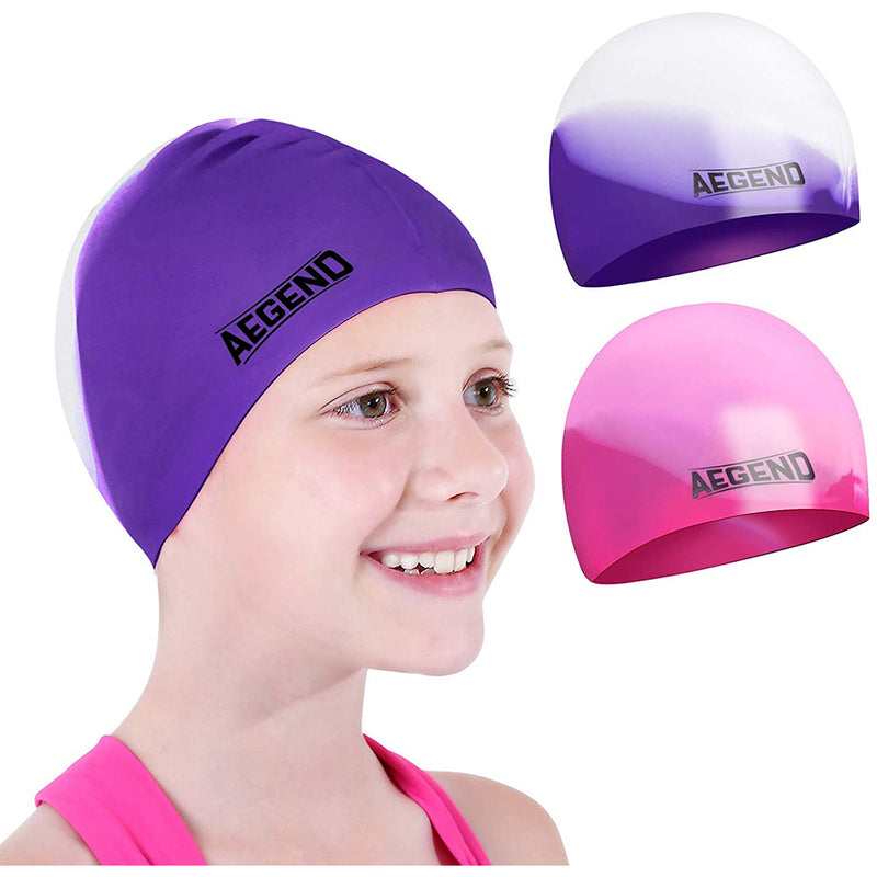 Aegend 2 Pack Swim Cap for (Age 2-12), Durable Silicone Swimming Cap for Kids Youths, Comfortable Fit