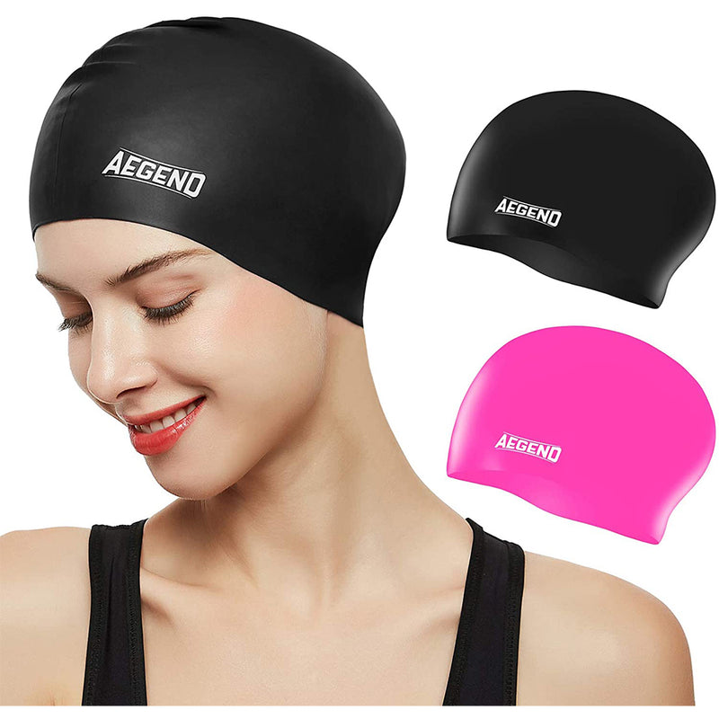 Aegend Swim Caps for Long Hair (2 Pack), Durable Silicone Swimming Caps , Easy to Put On and Off, 4 Colors