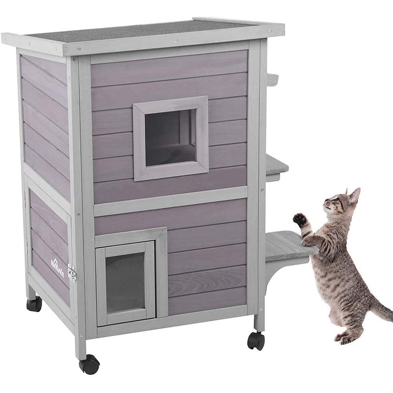 Aivituvin 2-Story Outdoor Cat House Indoor Wooden Condo with Escape Door - 4 Casters Included