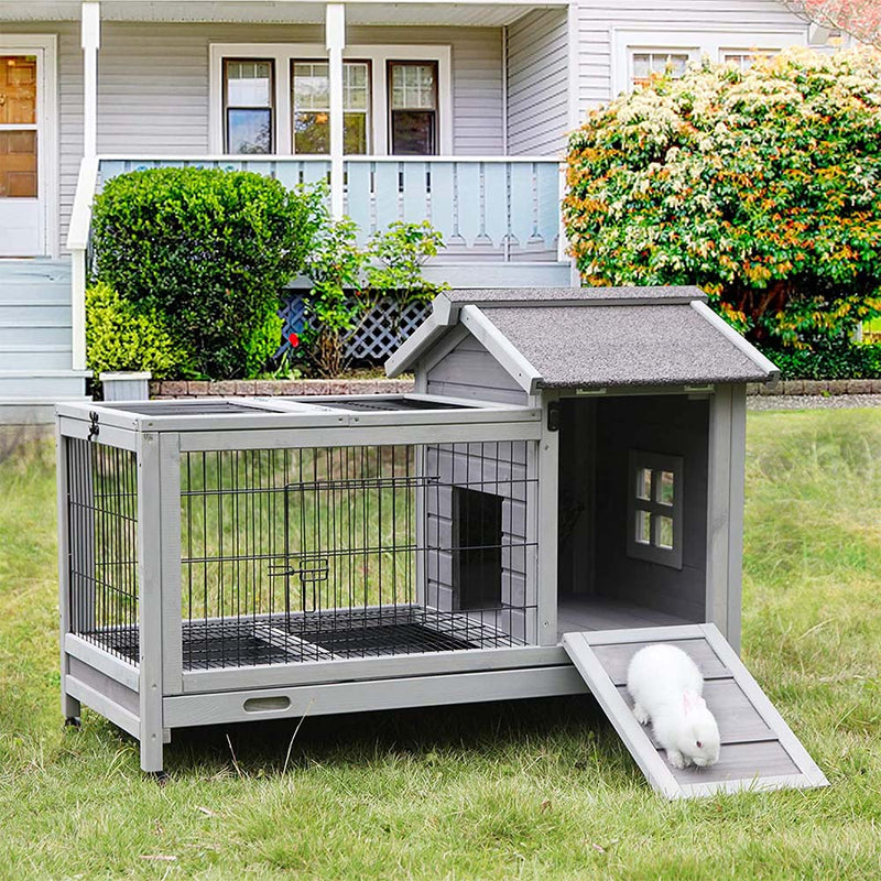 Aivituvin Rabbit Hutch Outdoor Bunny Hutch Guinea Pig Cage with Removable Wire Floor & Wheels