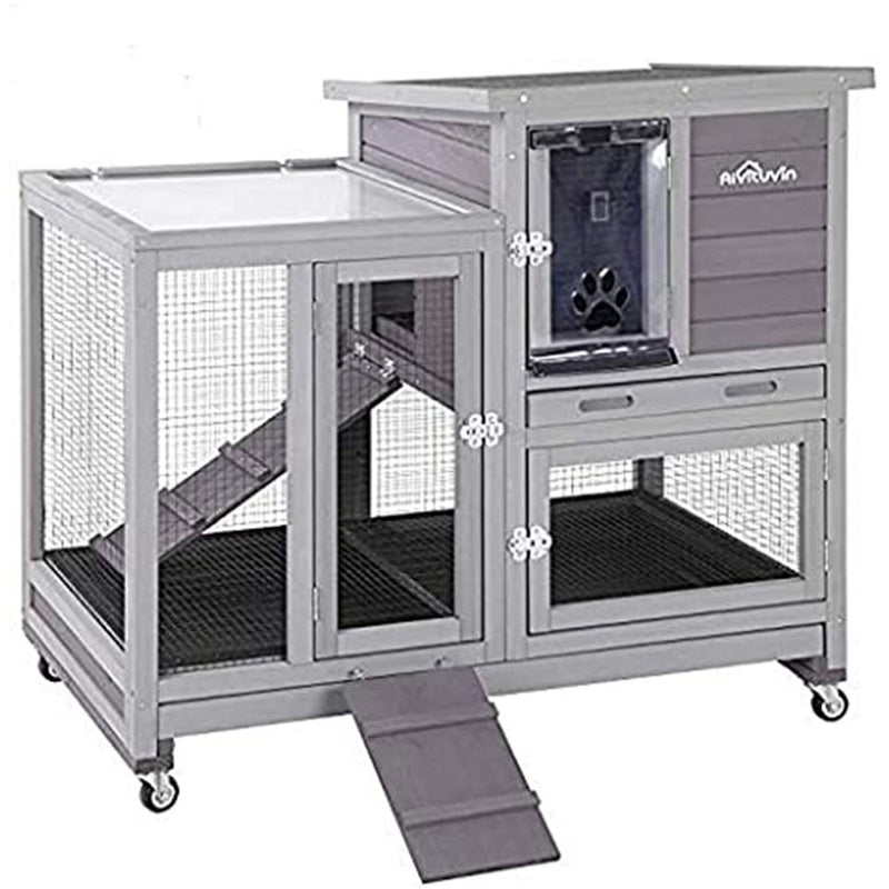 Aivituvin Upgrade Rabbit Hutch Indoor Bunny Hutch Rabbit House with Two Deeper No Leak Trays - 4 Casters Include
