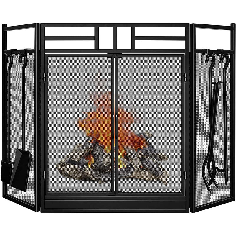 Amagabeli Fireplace Screen with Doors Large Flat Guard Fire Screens with Tools Outdoor