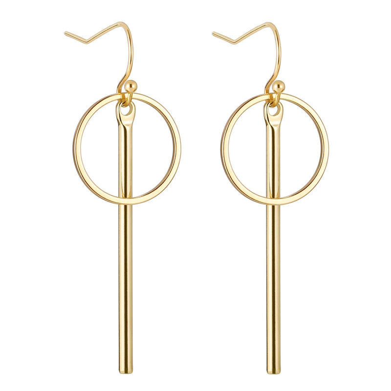 Aobei Pearl 18K Gold Long Vertical Bar Drop Dangle Earring Minimal Long Circle Bar Earrings