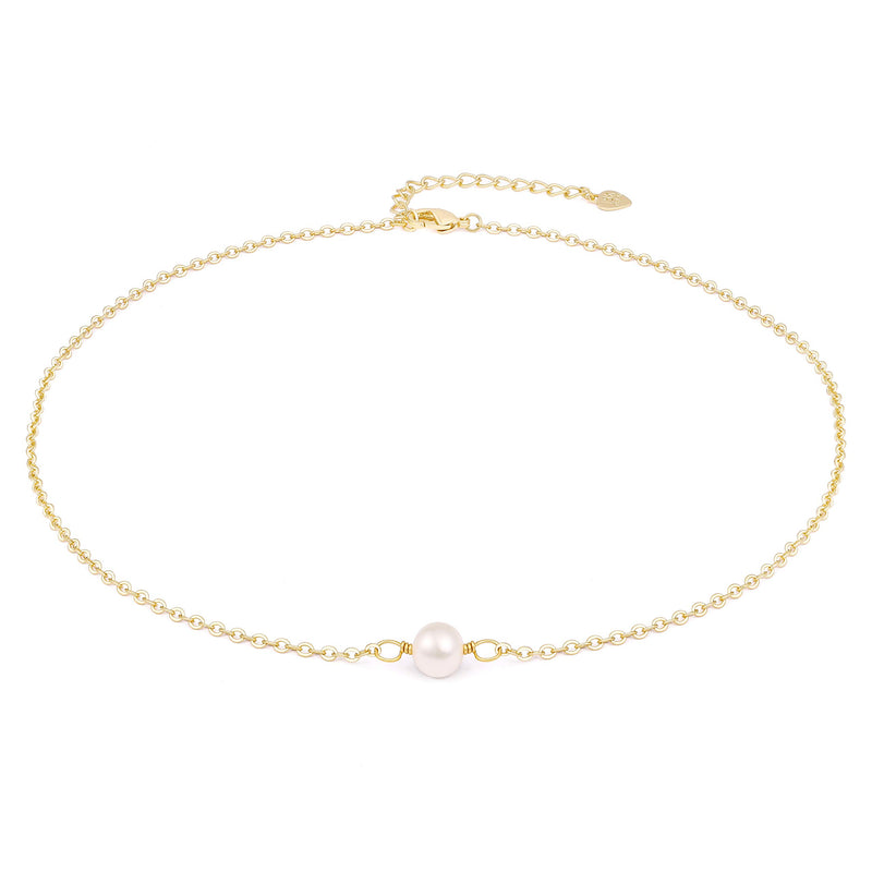 Aobei Pearl Single Cultured Pearl Choker 18K Gold Chain White Bead Necklace
