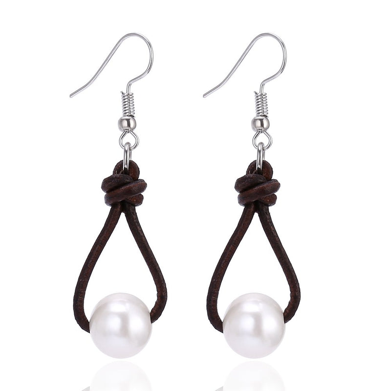 Aobei Pearl White Pearl Dangle Earrings on Genuine Leather Cord Hook Drop Bohemian Jewelry