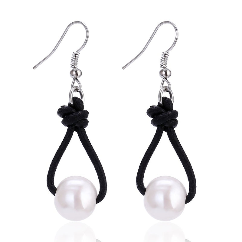 Aobei Pearl White Pearl Dangle Earrings on Genuine Leather Cord Hook Drop Bohemian Jewelry