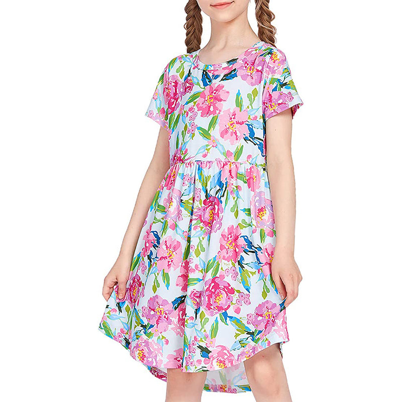 Arshiner Girl Short Sleeve A Line Skater Casual Twirly Dress