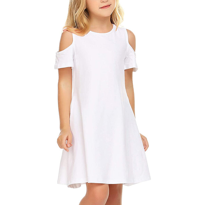 Arshiner Girls Summer Dress Short Sleeve Cold Shoulder Solid Color