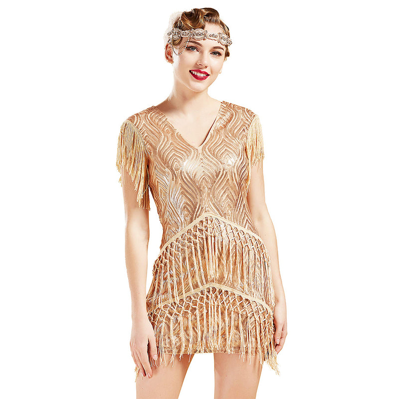 BABEYOND 1920s Flapper Dress Long Fringed Gatsby Dress Roaring 20s Sequins Beaded Dress