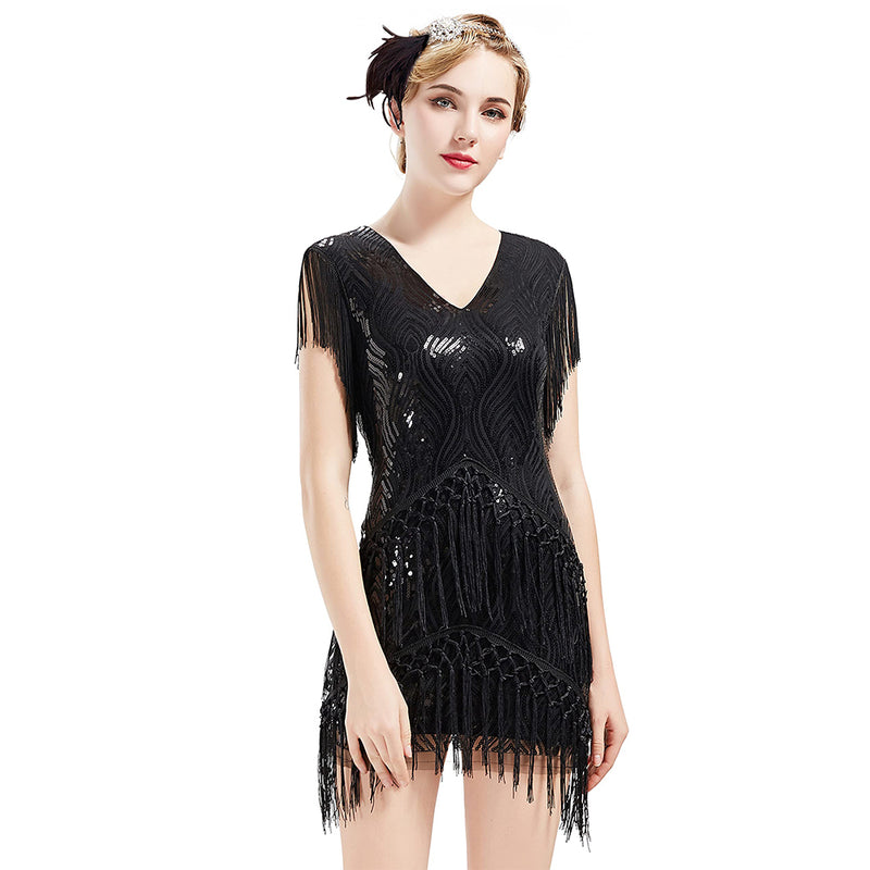 BABEYOND 1920s Flapper Dress Long Fringed Gatsby Dress Roaring 20s Sequins Beaded Dress