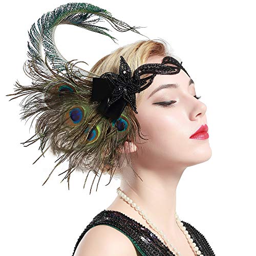 BABEYOND 1920s Flapper Peacock Feather Headband 20s Sequined Showgirl Headpiece