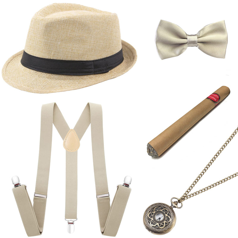 BABEYOND 1920s Mens Gatsby Gangster Accessories Set Panama Hat Suspender Bow Tie