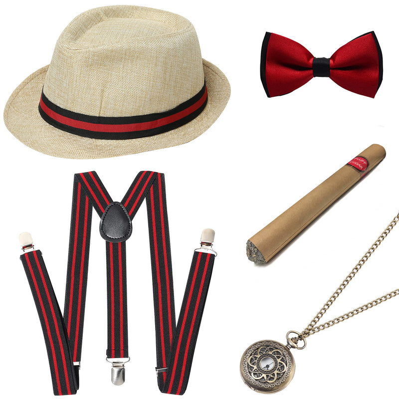 BABEYOND 1920s Mens Gatsby Gangster Accessories Set Panama Hat Suspender Bow Tie