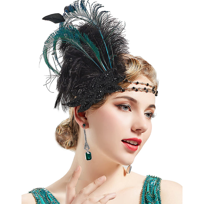 BABEYOND Art Deco 1920s Flapper Headpiece Roaring 20s Great Gatsby Feather Headband