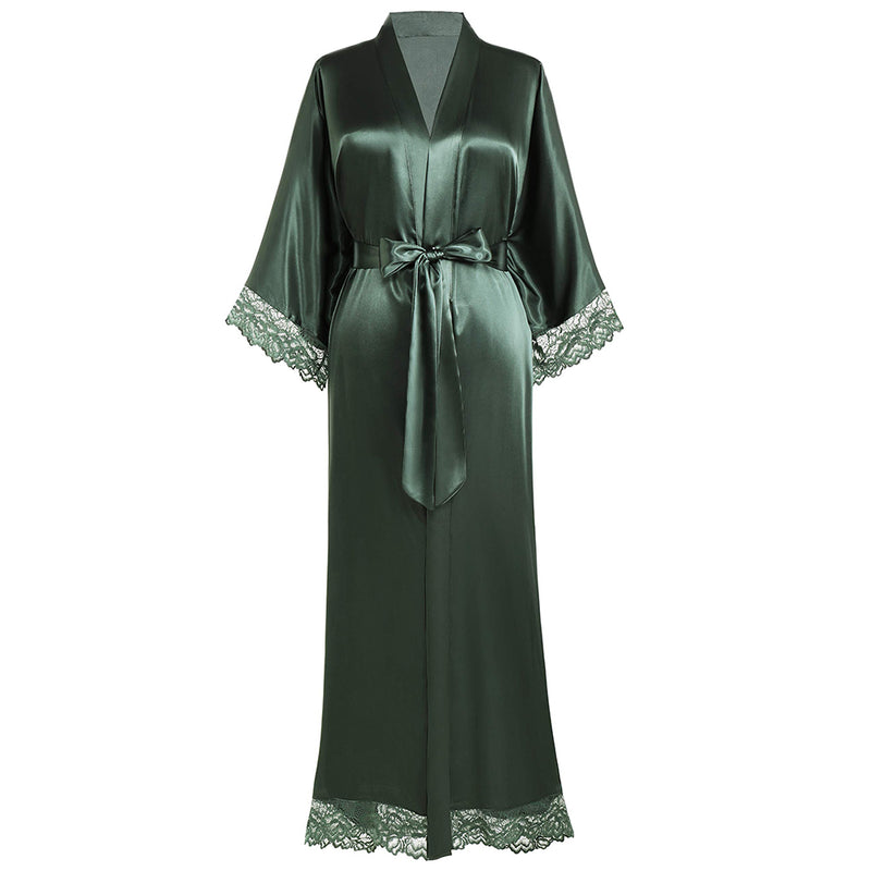 BABEYOND Satin Kimono Robe Long Bridesmaid Wedding Bath Robe with Lace Trim