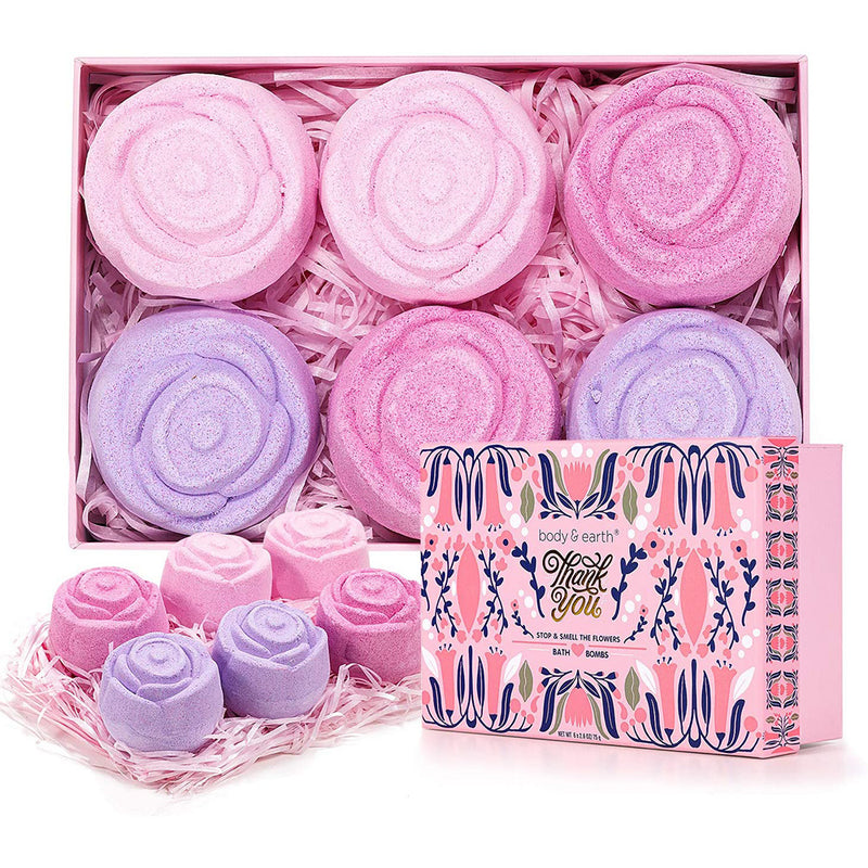 BODY & EARTH, 6 Piece Bath Bomb Set, Spa Gift Set, Birthday Gift Set, Floral Themed, Rose Scented Bath Bombs
