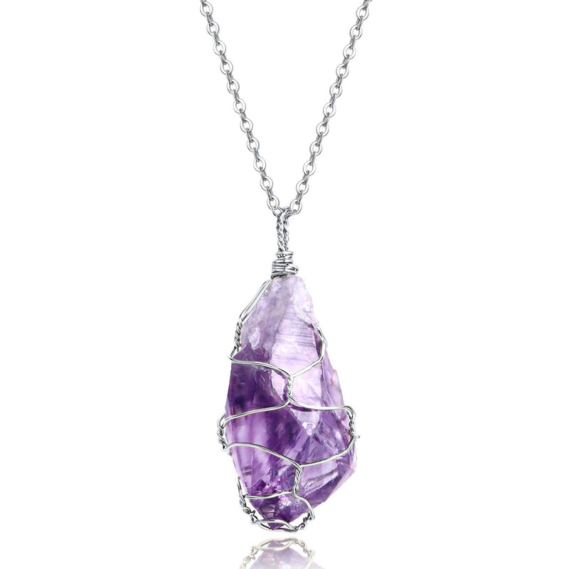 BOUTIQUELOVIN Full Wire Wrapped Amethyst Pendant Necklace Healing Chakra Crystal Stone Jewelry