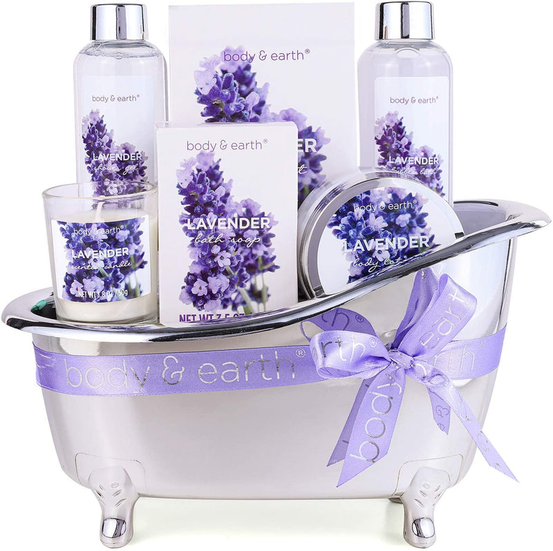 Body & Earth  Gift Basket for Women - Bath Spa Baskets Gift Set for Women, 7 Pcs Lavender Bath Gifts