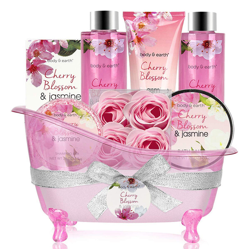 Body&Earth Gift Basket for women - Spa Gift Baskets  8 Pcs Bath Set with Cherry Blossom & Jasmine Scent