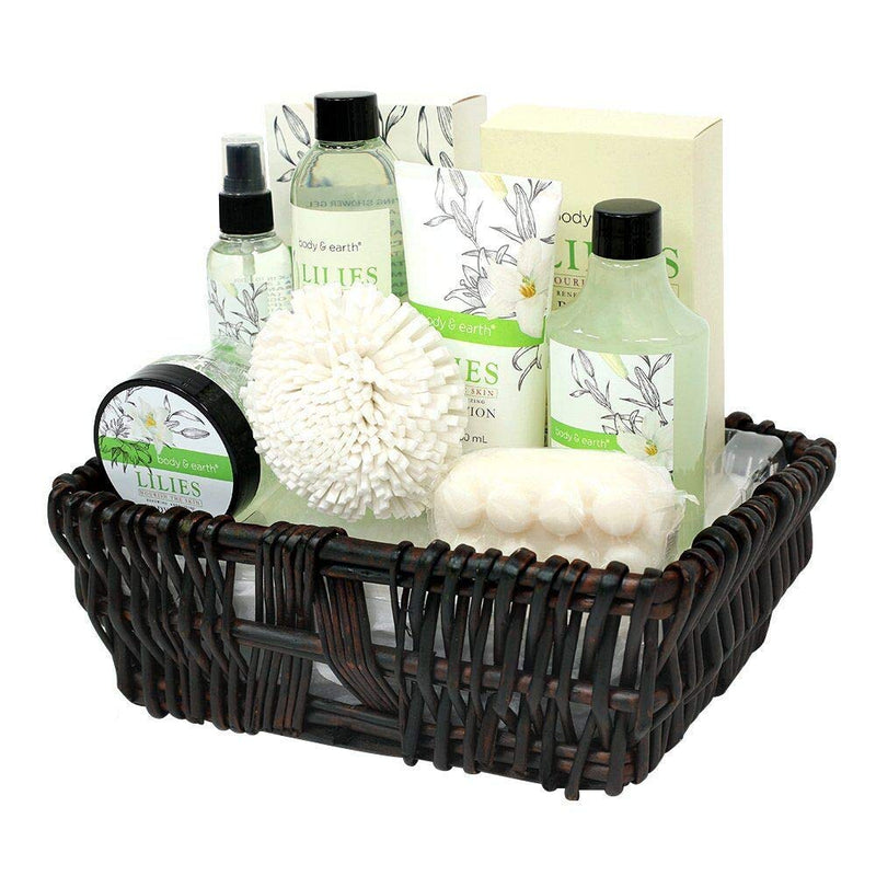 Body & Earth Gift Baskets for Women,  Spa Gifts for Her, Lily 10pc Set, Best Gift Idea for Women