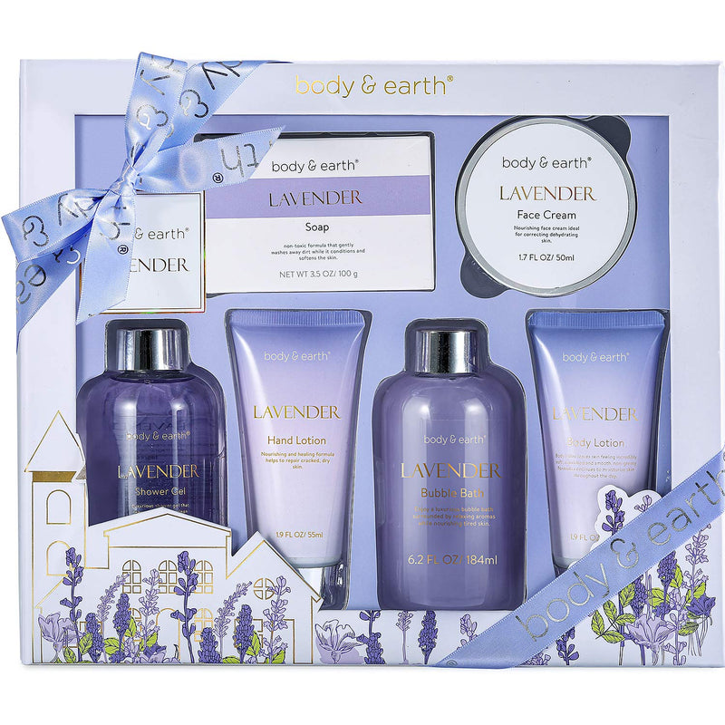Body & Earth  Gift Box for Women - Bath and Body Gifts for Women, Luxury 6 Pcs Spa Gift Set Basket Lavender Scent