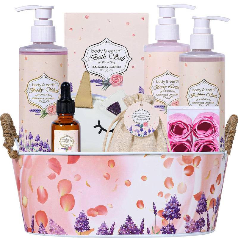 Body & Earth,Bath and Body Baskets - Rosewater and Lavender 11 Pcs , Includes Bubble Bath, Body Lotion
