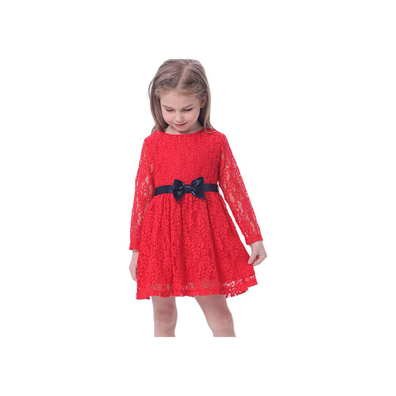 Bonny Billy Girls Long Sleeve Midi Lace Party Kids Dress with Bow Sash