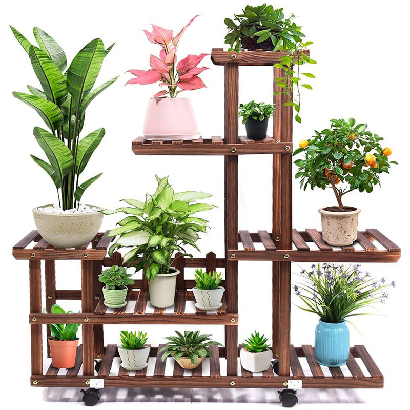 CFMOUR Wood Plant Stand, Wooden Plant Display, Garden Plant Shelf Rack Holder Organizer