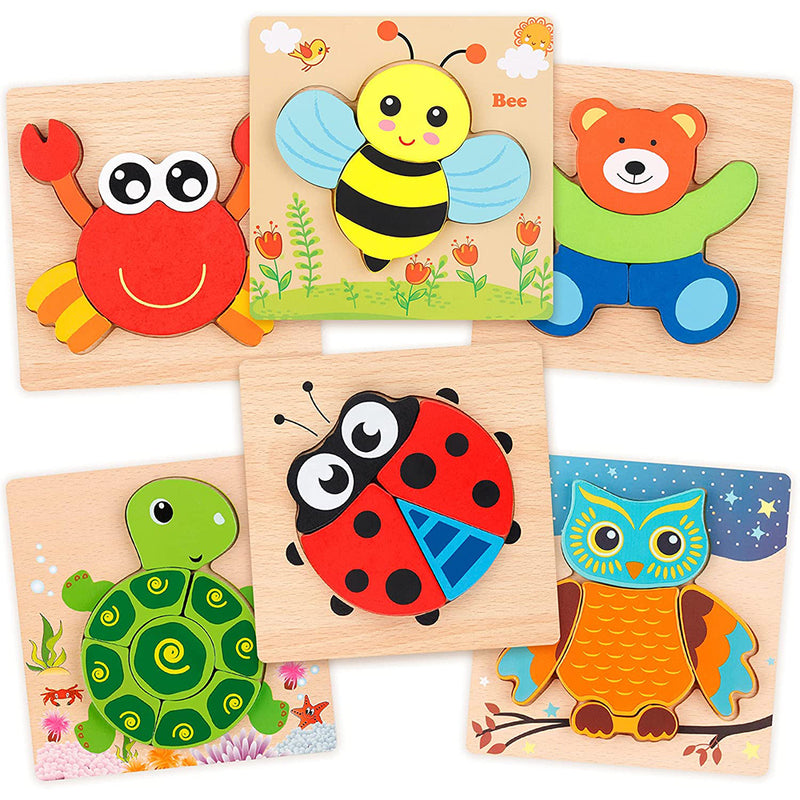 Coogam Wooden Jigsaw Puzzle, 6 Pack Animal Shape Color Montessori Toy