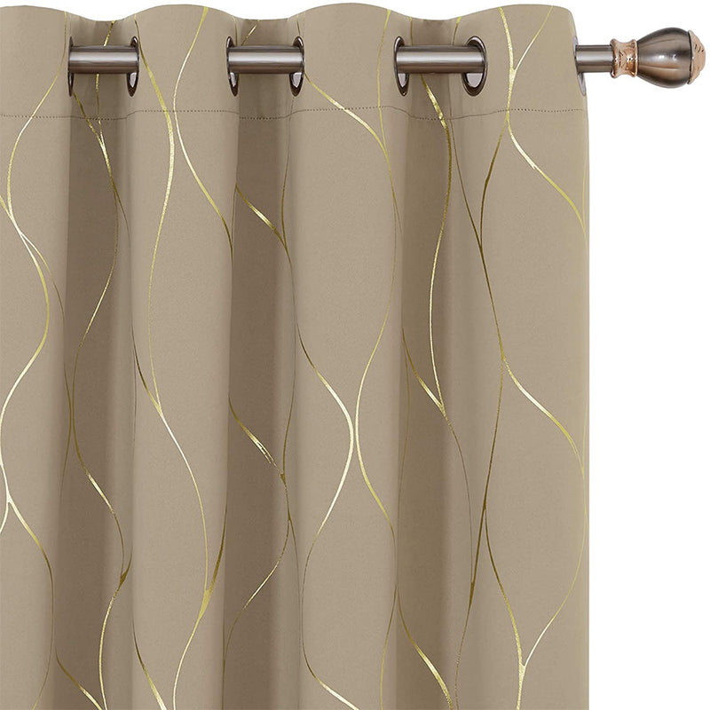 Deconovo White Blackout Curtains,Gold Wave Foil Print Grommet Drapes