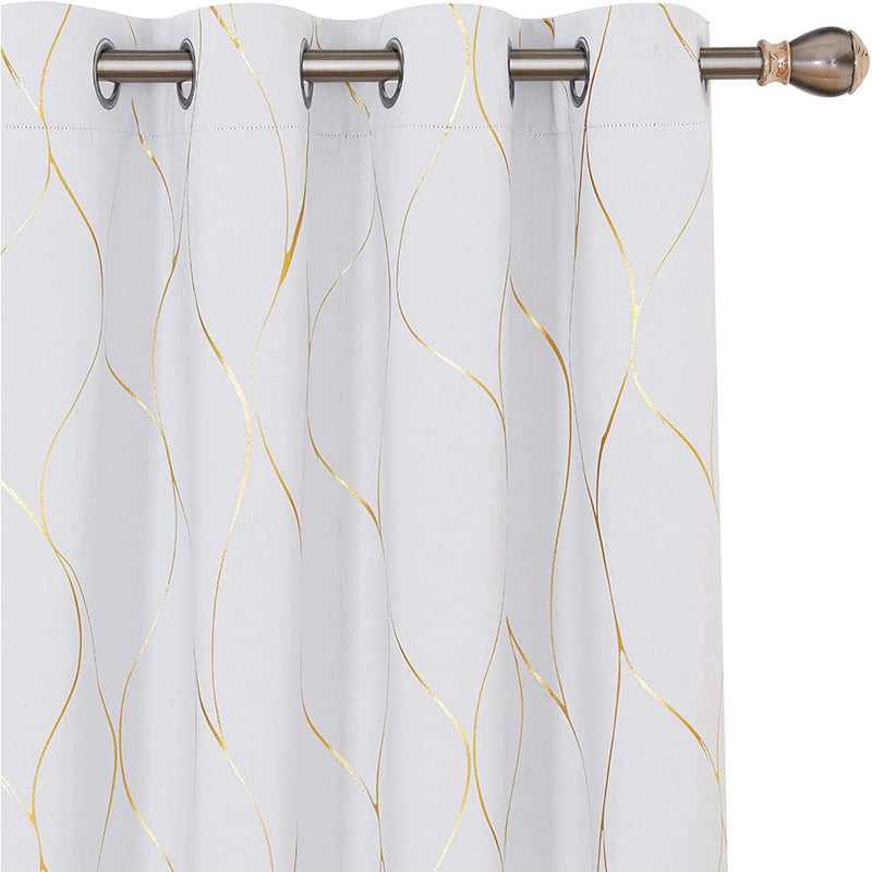 Deconovo White Blackout Curtains,Gold Wave Foil Print Grommet Drapes