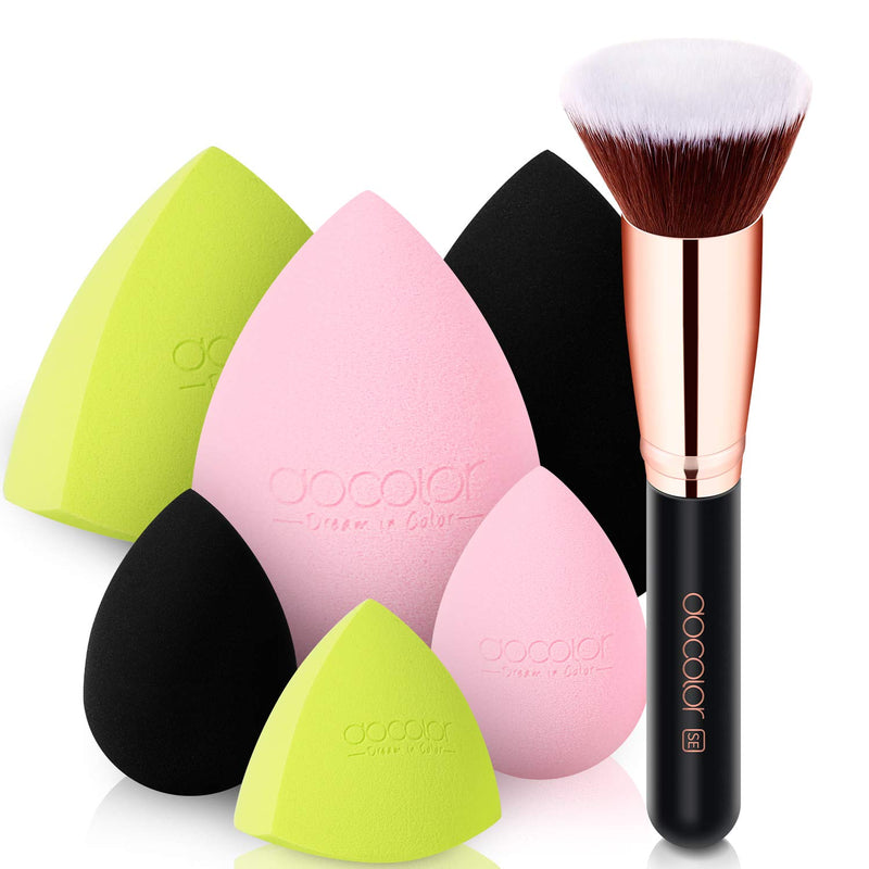 Docolor 6+1Pcs Makeup Sponges with Foundation Brush,Flat Top Kabuki Brush & Non Latex  Beauty Sponge
