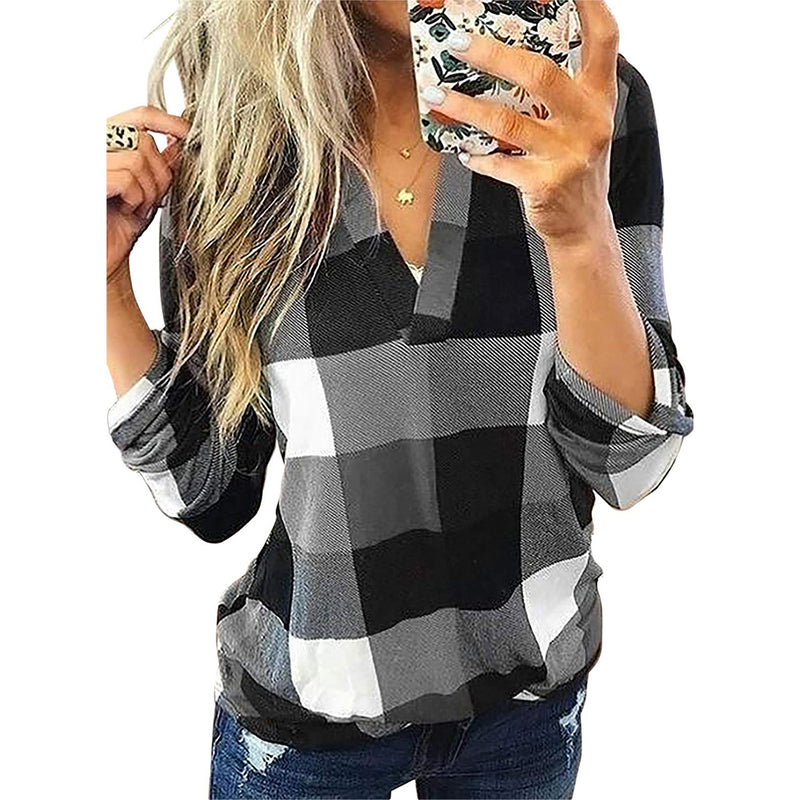 Dokotoo V Neck Plaid Print Cuffed Long Sleeve Work Tops Blouses Shirts S-5XL