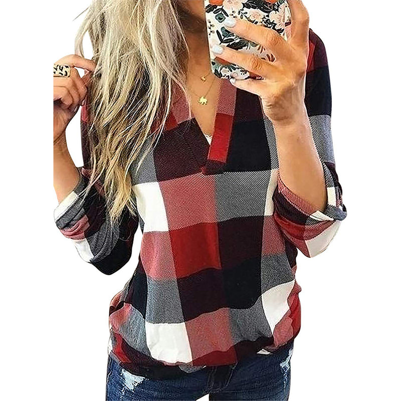 Dokotoo V Neck Plaid Print Cuffed Long Sleeve Work Tops Blouses Shirts S-5XL