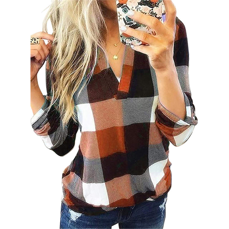 Dokotoo V Neck Plaid Print Cuffed Long Sleeve Work Tops Blouses Shirts S-5XL